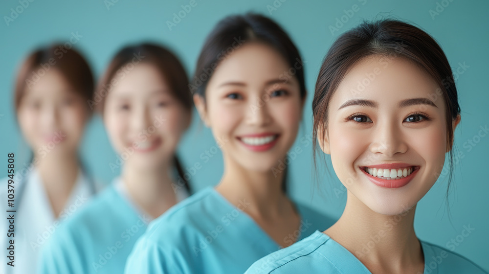 Medical team standing together, smiling in a line, dressed in blue scrubs, symbolizing teamwork and professionalism in healthcare. Medical team standing together, smiling in a line, dressed in blue scrubs, symbolizing teamwork and professionalism in healthcare.