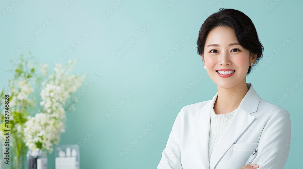 A smiling professional in a white coat stands confidently against a teal background, with floral decorations on the side creating a calming atmosphere. A smiling professional in a white coat stands confidently against a teal background, with floral decorations on the side creating a calming atmosphere.