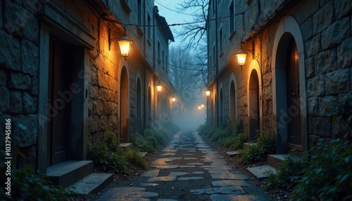 Abandoned dark alley with flickering lanterns casting ghostly shadows on cracked stone walls and mist swirling around the ground at night.