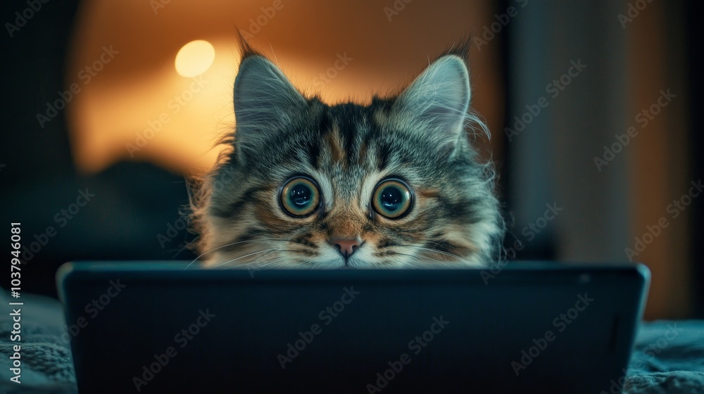 A curious cat intently gazes at a screen, showcasing its wide eyes in a dimly lit room. A curious cat intently gazes at a screen, showcasing its wide eyes in a dimly lit room.