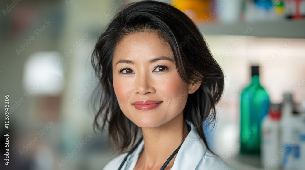 A confident woman in a professional setting, possibly a healthcare environment, stands with a slight smile in front of blurred shelves with bottles. A confident woman in a professional setting, possibly a healthcare environment, stands with a slight smile in front of blurred shelves with bottles.