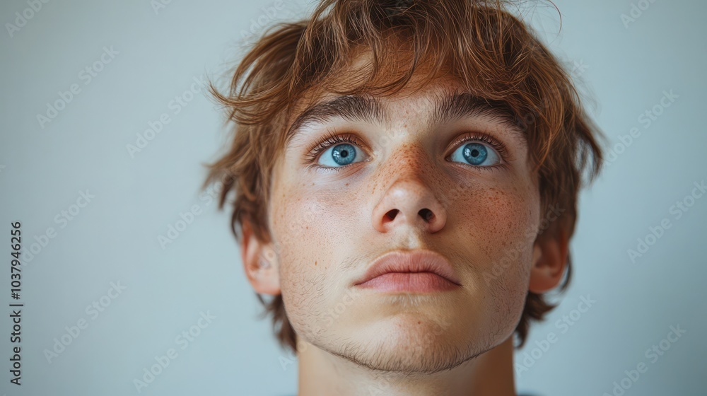 A young man with blue eyes and red hair is looking up at the camera A young man with blue eyes and red hair is looking up at the camera
