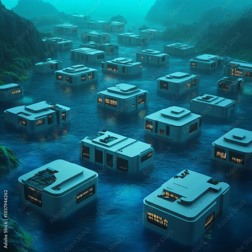 Fototapeta premium Human colony on an ocean world with massive underwater cities