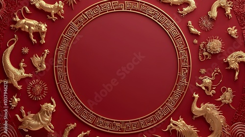 Elegant Red and Golden Chinese Zodiac Background with Blank Central Space for Text