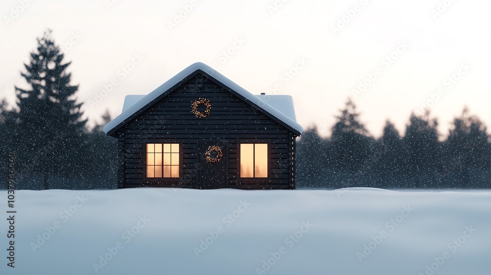 Cozy Christmas cabin, snow falling, warm glow from the windows, wreath on the door, golden hour lighting, wideangle view Cozy Christmas cabin, snow falling, warm glow from the windows, wreath on the door, golden hour lighting, wideangle view