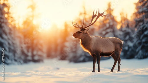 Reindeer grazing in a snowy field, golden sunlight filtering through pine trees, breath visible in the cold air, lowangle view