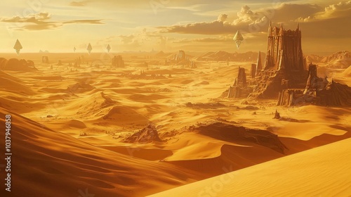 A vast desert landscape with a majestic castle in the distance, surrounded by sand dunes and a golden sunset.