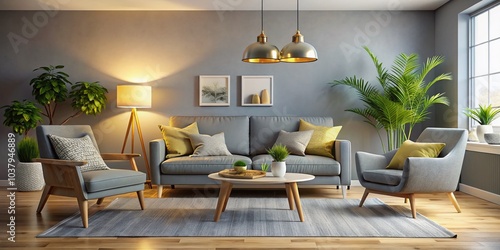 This stylish Scandinavian living room showcases a plush grey sofa, a soft armchair, and sophisticated lighting accents,