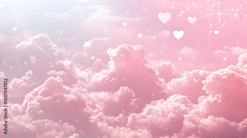 Soft Pink Clouds with Heart-Shaped Stars in the Dreamy Valentine Sky Background Soft Pink Clouds with Heart-Shaped Stars in the Dreamy Valentine Sky Background