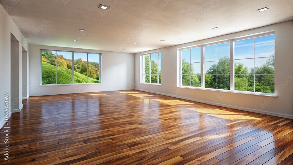Fototapeta premium This versatile empty room showcases a white mortar wall and wood laminate flooring, providing an ideal setting for