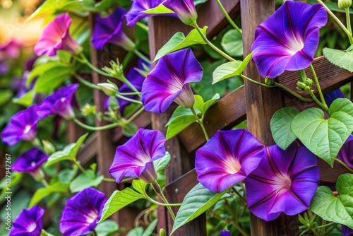 Beautiful purple morning glories in full bloom on fence photo