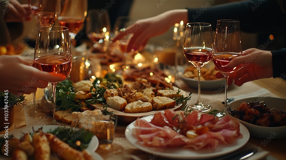 Friends enjoying a romantic supper complete with rose wine and a variety of canapés. Friends enjoying a romantic supper complete with rose wine and a variety of canapés.