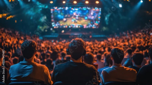 A group of people are watching a game on a large screen