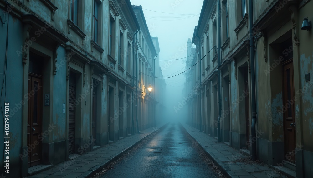 Ghostly mist lifting over a desolate street in an old town with empty windows and the faintest hint of movement in the dark. Ghostly mist lifting over a desolate street in an old town with empty windows and the faintest hint of movement in the dark.