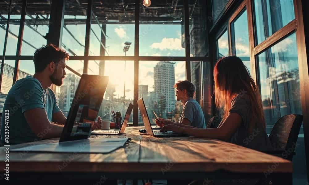 Three young people working together in a modern office Three young people working together in a modern office