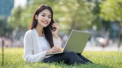 A woman is sitting on the grass with a laptop and a cell phone