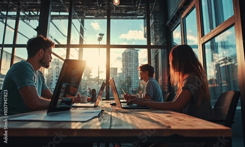 Three young people working together in a modern office