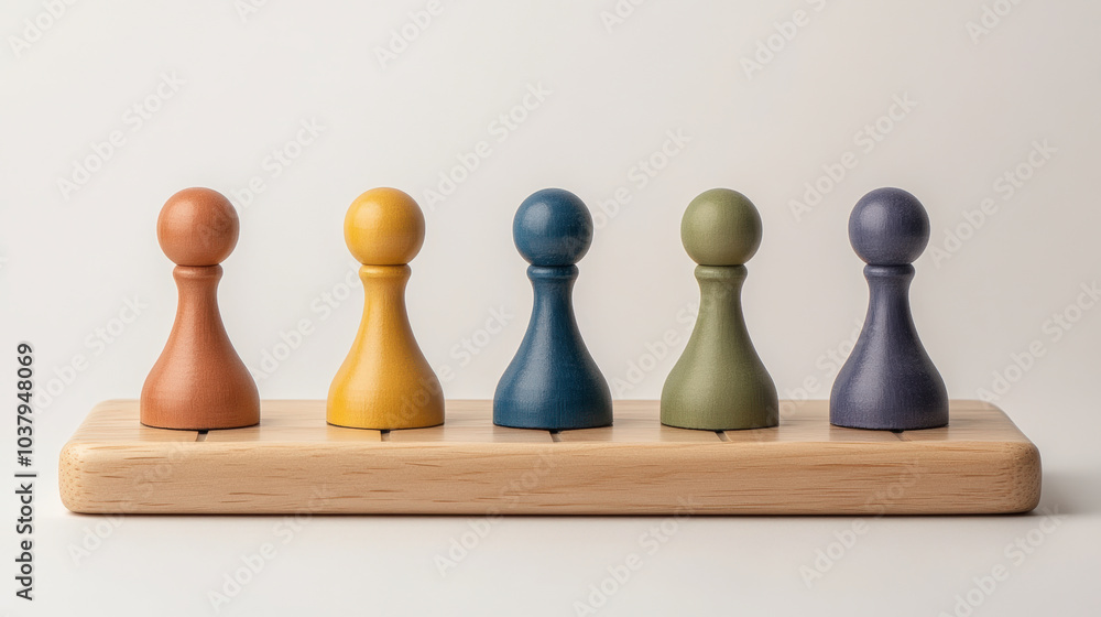 Five colorful, wooden game pieces are neatly arranged on a wooden stand, showcasing a spectrum of hues from orange to blue. Five colorful, wooden game pieces are neatly arranged on a wooden stand, showcasing a spectrum of hues from orange to blue.
