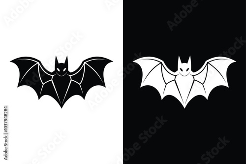 Bat Silhouettes. Clean Black Vector Illustration on Contrasting White and Black Backgrounds