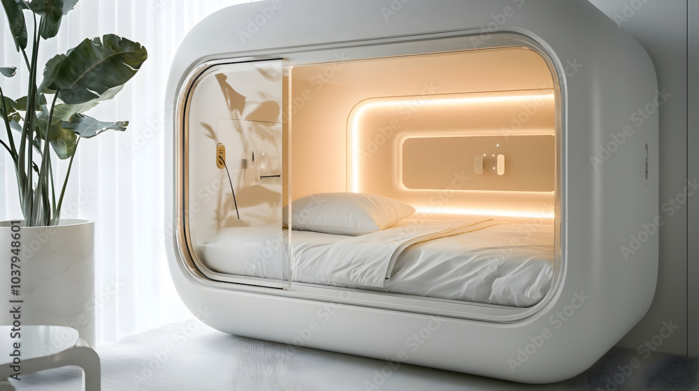 Compact Futuristic Sleeping Pod with Transparent Door and Soft LED Lighting Compact Futuristic Sleeping Pod with Transparent Door and Soft LED Lighting