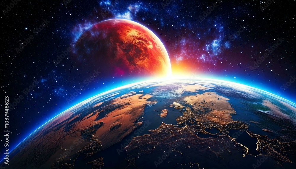 Obraz premium Earth, Moon, and Sun in Space with a Night Sky