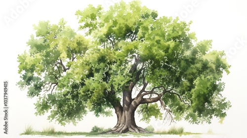 A tall oak tree, majestic forest tree, watercolor illustration, lush green leaves, isolated on white background 