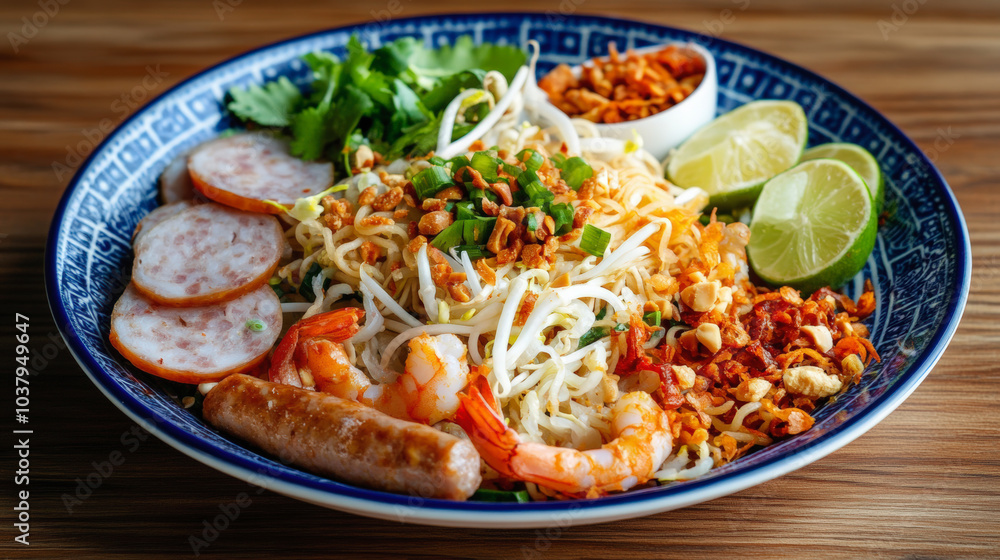 A vibrant plate of Thai cuisine featuring shrimp, sausage, bean sprouts, greens, and lime, garnished with herbs and nuts for a fresh, flavorful dish. A vibrant plate of Thai cuisine featuring shrimp, sausage, bean sprouts, greens, and lime, garnished with herbs and nuts for a fresh, flavorful dish.