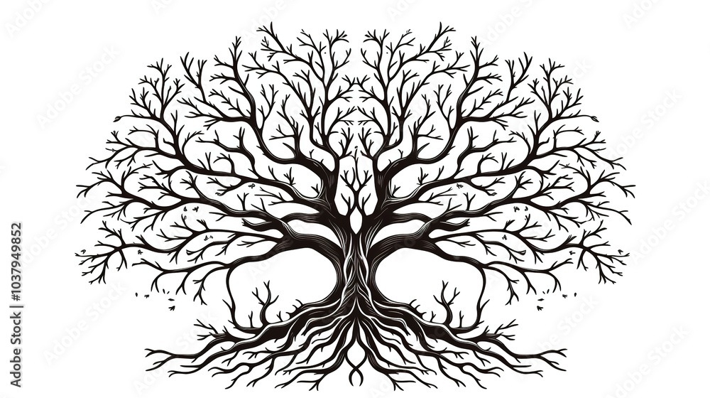 Obraz premium A stylized tree of life, symbolic tree art, intricate branches and roots, isolated on white background 