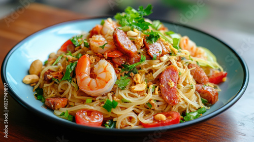 A vibrant dish of stir-fried noodles with shrimp, sausage, tomatoes, peanuts, and cilantro, artfully presented in a blue bowl.