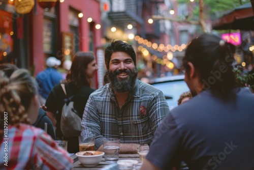 Handsome bearded hipster man sitting at a table in a street cafe