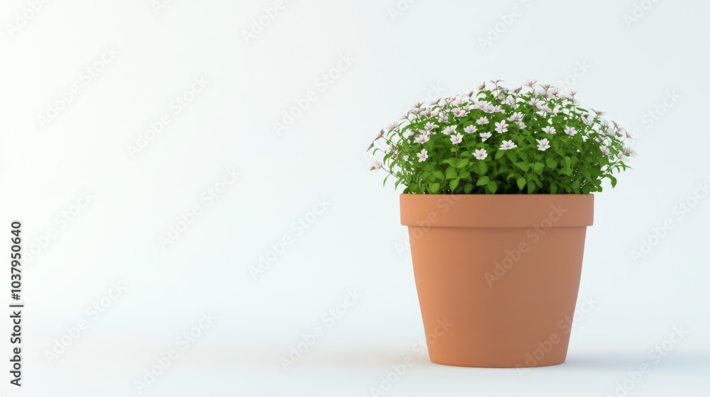 Flower Pot with White Blossoms on a Minimalistic White Background. Generative AI Flower Pot with White Blossoms on a Minimalistic White Background. Generative AI