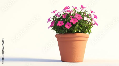 Flower pot with pink and white flowers on a white background isolated for gardening and decor themes. Generative AI