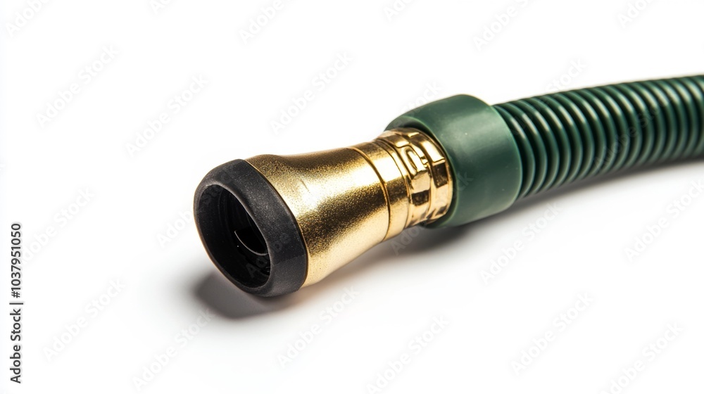 Garden hose nozzle with gold and black tip on white background. Generative AI Garden hose nozzle with gold and black tip on white background. Generative AI