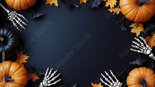 Spooky Halloween Frame:  A chillingly delightful Halloween border featuring pumpkins, skeletal hands, and autumn leaves on a dark background, perfect for spooky season invitations or announcements. photo