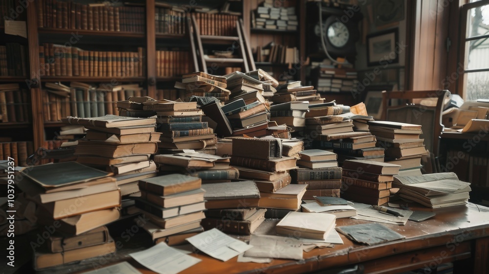 Fototapeta premium Old fashioned messy office desk covered in paperwork suggesting bankruptcy