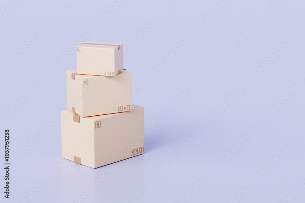 Obraz premium 3D Cardboard box package transport order icon .3D Minimal stack parcel box icon on isolated purple background. Logistics shipment and Online delivery service Concept. 3d render.