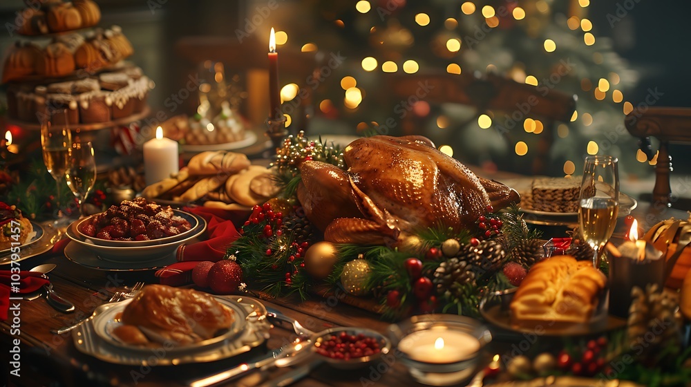 A lavish Christmas dinner table adorned with delicious delicacies, from roasted turkey to festive desserts, ready for a holiday feast. A lavish Christmas dinner table adorned with delicious delicacies, from roasted turkey to festive desserts, ready for a holiday feast.