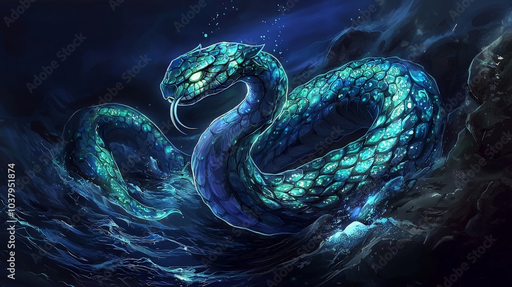 A glowing blue serpent with scales and sharp fangs, coiled on a dark, rocky shore. A glowing blue serpent with scales and sharp fangs, coiled on a dark, rocky shore.