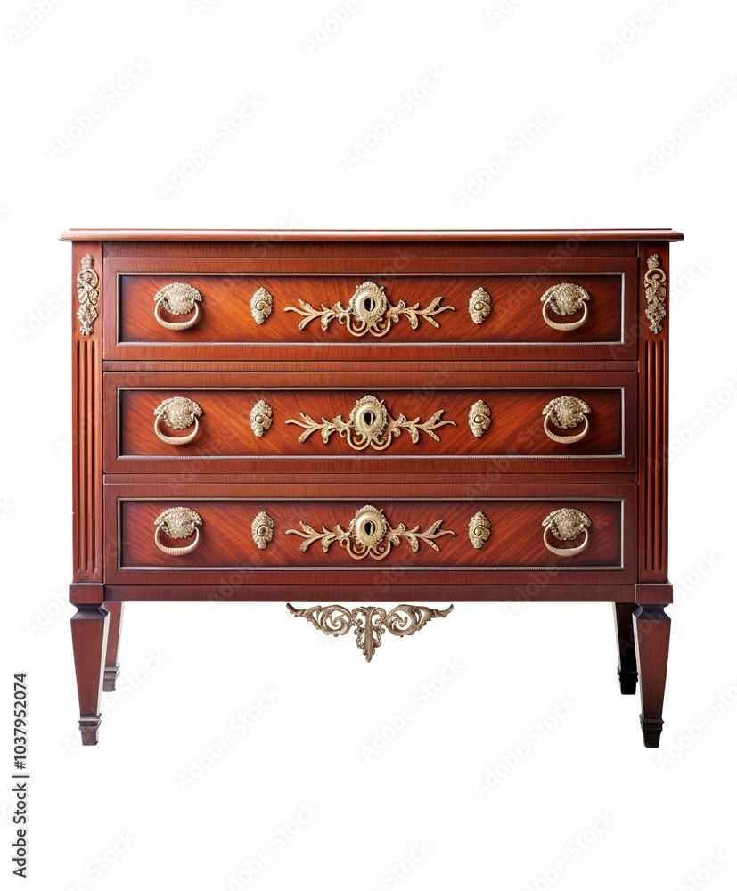 An elegant antique mahogany dresser, brass handles, carved details, traditional style, isolated on white background An elegant antique mahogany dresser, brass handles, carved details, traditional style, isolated on white background