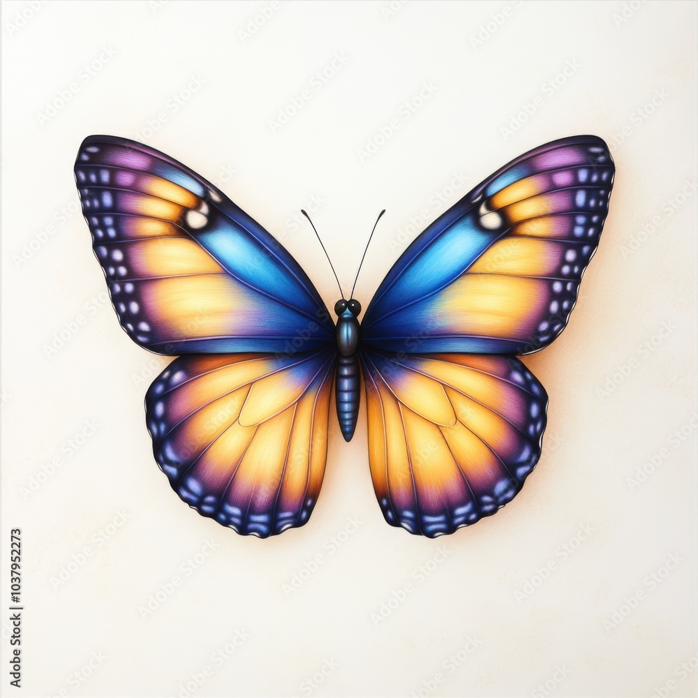 Obraz premium A vibrant butterfly showcasing brilliant blue and orange hues against a light background, symbolizing beauty and transformation.