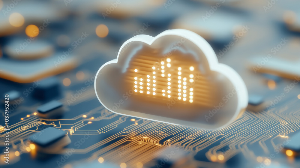 A cloud icon with digital graph lights hovers over a circuit board, symbolizing cloud computing and data analytics integration with technology. A cloud icon with digital graph lights hovers over a circuit board, symbolizing cloud computing and data analytics integration with technology.