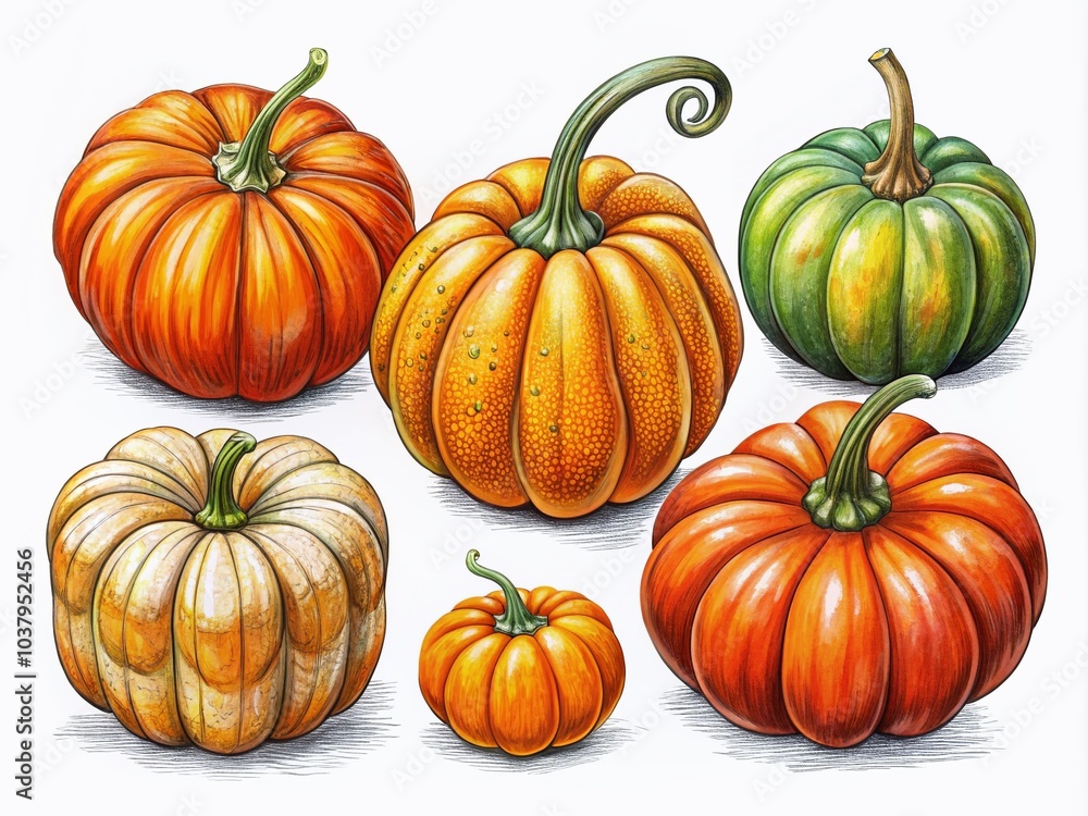 Whimsical hand-drawn pumpkins set against a white backdrop, ideal for autumn and Halloween projects, adding a charming Whimsical hand-drawn pumpkins set against a white backdrop, ideal for autumn and Halloween projects, adding a charming