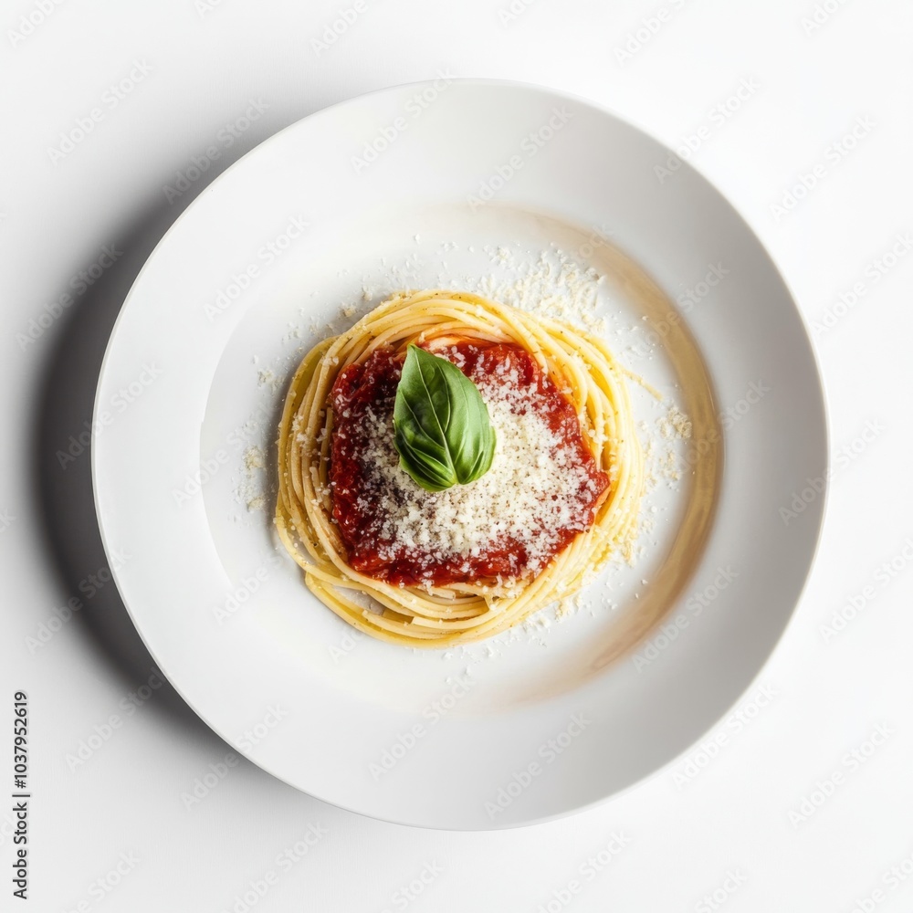 Spaghetti Rigati with a generous coating of tomato sauce, topped with grated Parmesan cheese and a fresh basil leaf, placed on a white plate Spaghetti Rigati with a generous coating of tomato sauce, topped with grated Parmesan cheese and a fresh basil leaf, placed on a white plate