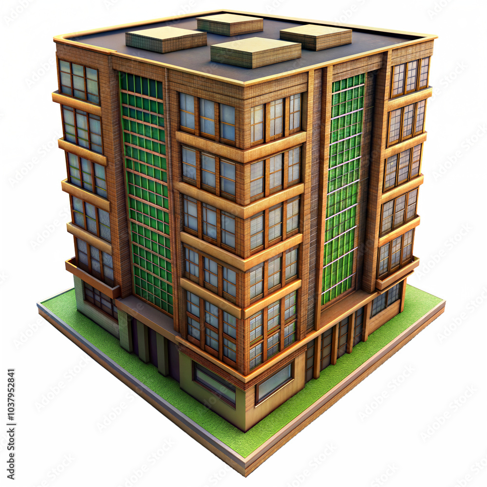 3D isometric illustration of a corporate building with a green base and extensive glass windows, representing modern architecture. 3D isometric illustration of a corporate building with a green base and extensive glass windows, representing modern architecture.