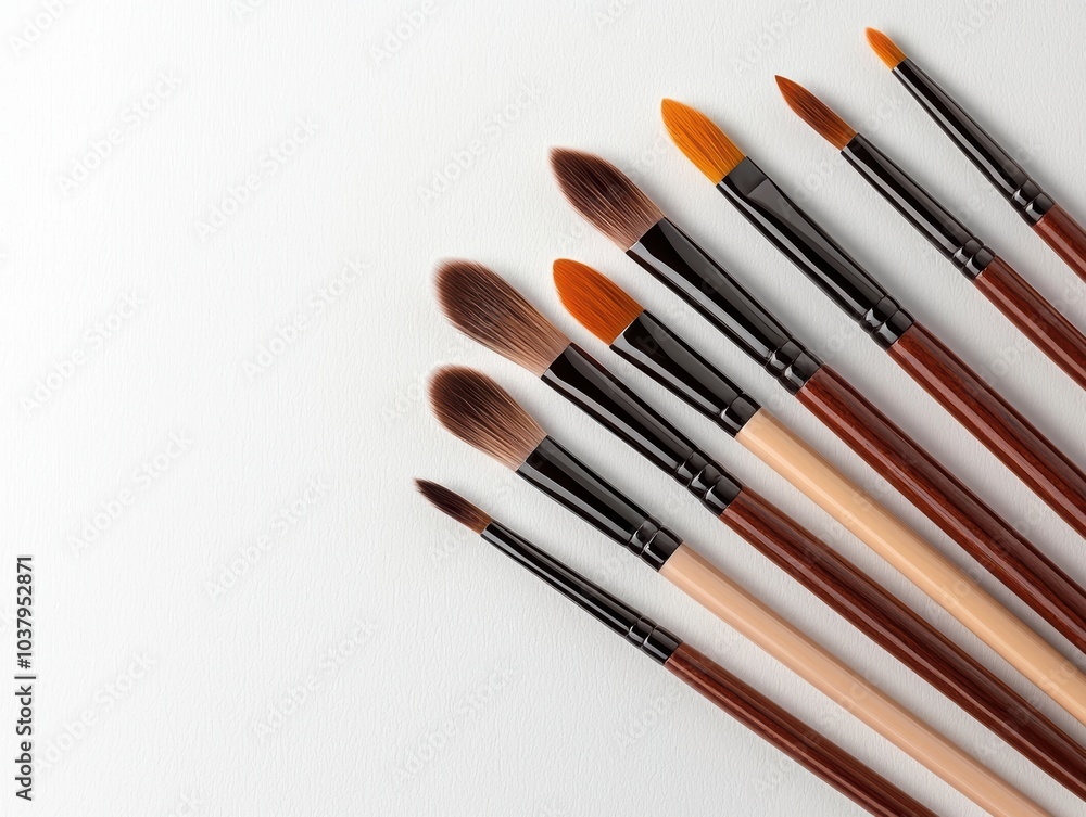 High quality makeup brushes arranged in row, showcasing various shapes and sizes, perfect for applying makeup with precision and ease. High quality makeup brushes arranged in row, showcasing various shapes and sizes, perfect for applying makeup with precision and ease.