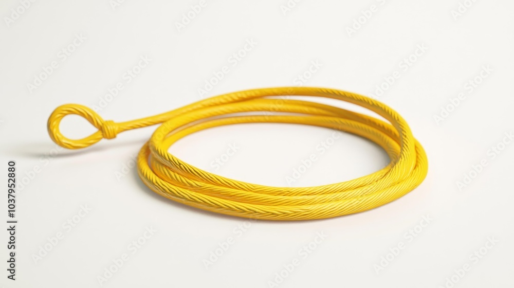Yellow jump rope coiled on a white background. Fitness and exercise equipment for cardio and workouts.. Generative AI Yellow jump rope coiled on a white background. Fitness and exercise equipment for cardio and workouts.. Generative AI