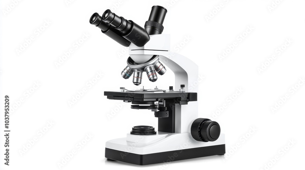 High-Powered Microscope on White Background Ideal for Laboratory and Scientific Research. Generative AI High-Powered Microscope on White Background Ideal for Laboratory and Scientific Research. Generative AI