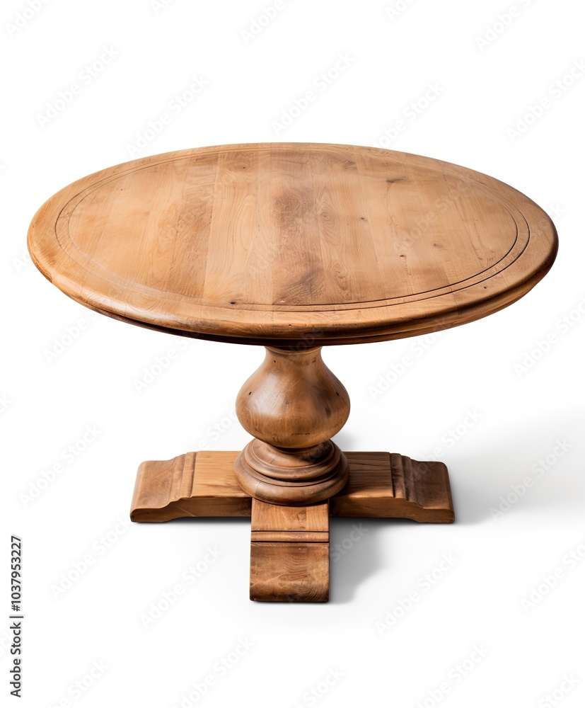 A round oak dining table, pedestal base, natural wood finish, farmhouse style, isolated on white background A round oak dining table, pedestal base, natural wood finish, farmhouse style, isolated on white background