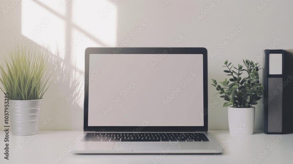 Minimalist Laptop Workspace with Greenery in Bright Sunlit Room – Ideal for Business or Office Stock Images. Generative AI Minimalist Laptop Workspace with Greenery in Bright Sunlit Room – Ideal for Business or Office Stock Images. Generative AI
