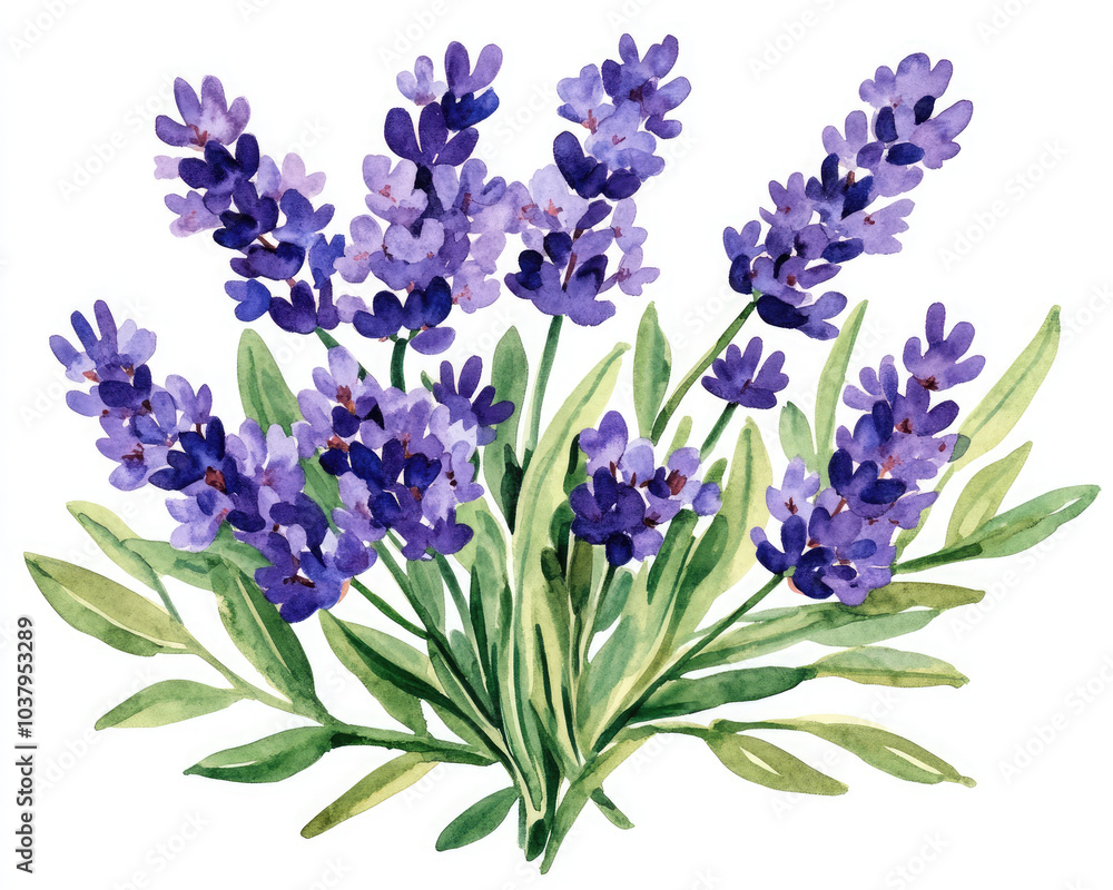 Obraz premium A beautiful watercolor illustration of lavender flowers showcasing vibrant purple hues and lush green leaves.